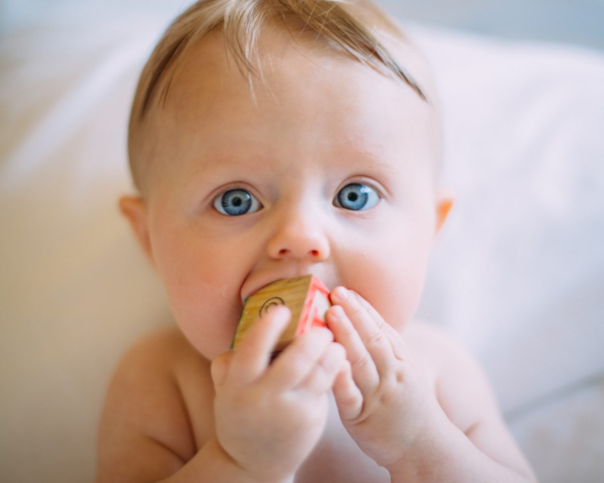 cute baby playing with a wooden block - Learn about baby's immune system with Brevard Health Alliance
