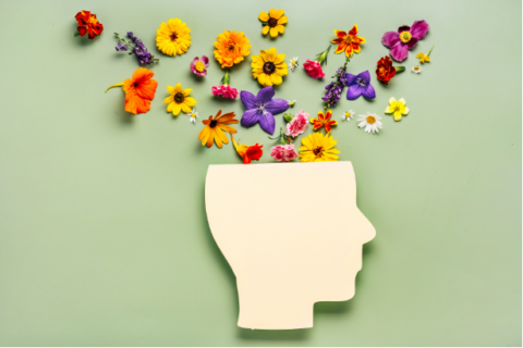 Silhouette of a human head with colorful flowers sprouting from it