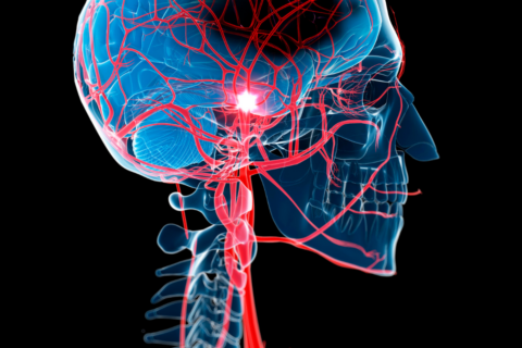 Model of a transparent skull and neck of a human with glowing red arteries