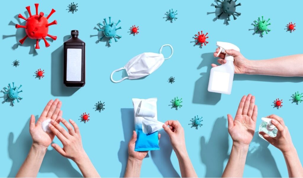 Hands being washed and using other hygiene products