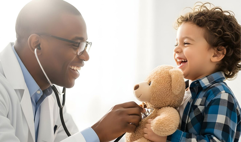 Doctor is inspecting a kid's toy and they are having fun.